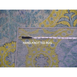 9'x12'2" Grotto Blue With Avocado Green, Trellis Neo Classic European Design With Flower Bouquet And Rosettes,100% Wool, Hand Knotted Oriental Rug FWR452460