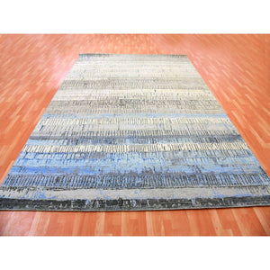 9'x12'4" Foggy Dew Gray With Rudy Blue, Contemporary Intricate Brick Design, 100% Wool, Hand Knotted Oriental Rug FWR452472