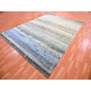 9'x12'4" Foggy Dew Gray With Rudy Blue, Contemporary Intricate Brick Design, 100% Wool, Hand Knotted Oriental Rug FWR452472