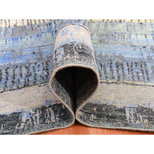 9'x12'4" Foggy Dew Gray With Rudy Blue, Contemporary Intricate Brick Design, 100% Wool, Hand Knotted Oriental Rug FWR452472