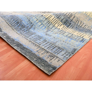 9'x12'4" Foggy Dew Gray With Rudy Blue, Contemporary Intricate Brick Design, 100% Wool, Hand Knotted Oriental Rug FWR452472