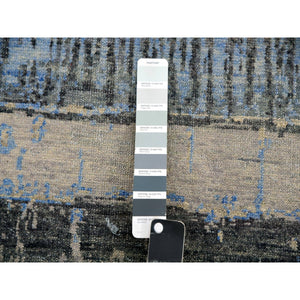 9'x12'4" Foggy Dew Gray With Rudy Blue, Contemporary Intricate Brick Design, 100% Wool, Hand Knotted Oriental Rug FWR452472