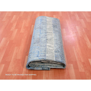9'x12'4" Foggy Dew Gray With Rudy Blue, Contemporary Intricate Brick Design, 100% Wool, Hand Knotted Oriental Rug FWR452472