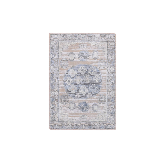2'x3' Warm Gray, Hand Knotted Khotan Design, Silk with Textured Wool, Oriental Mat Rug FWR452598