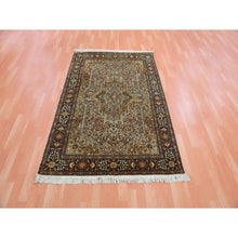 Load image into Gallery viewer, 4&#39;1&quot;x6&#39;1&quot; Tobacco Brown, Hand Knotted Genuine Kashmir All Over Design, Intricate Pattern, 100% Silk, 400 Kpsi, Dense Weave, Oriental Rug FWR452622