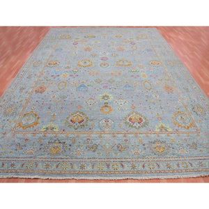 11'10"x14'6" Mirage Gray, 100% Wool, Hand Knotted, Sultanabad Reimagined, All Over Leaf Design, Zero Pile, Sheared Low, Oversized, Oriental Rug FWR452694