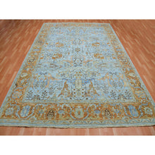Load image into Gallery viewer, 9&#39;x11&#39;10&quot; Periwinkle Blue, Sheared Low, Hand Knotted, Antiqued Heriz All Over Design, Zero Pile, Distressed, 100% Wool, Oriental Rug FWR452814