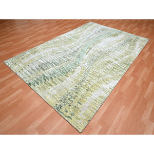 6'1"x9'3" Shades of Green, Crocodile Safari Design, 100% Silk, Hand Knotted, Soft Pile, Oriental Rug FWR452856