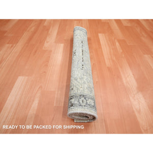 2'1"x3' Pearl White, Oushak With Geometric Motif, Hand Knotted, Pure Silk And Textured Wool, Mat, Oriental Rug FWR452898