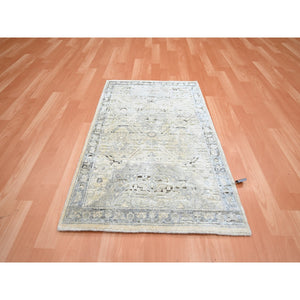 2'1"x3' Eggshell White, Hand Knotted, Pure Silk And Textured Wool, Oushak With Geometric Motif, Mat, Oriental Rug FWR452904