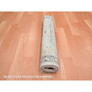 2'1"x3' Eggshell White, Hand Knotted, Pure Silk And Textured Wool, Oushak With Geometric Motif, Mat, Oriental Rug FWR452904