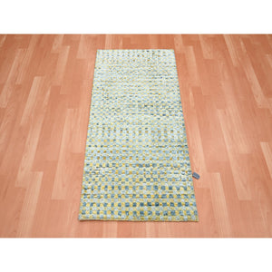 2'x4' Lemon Yellow, Sample, Modern, Mid Century Inspired Grid and Line Design, Wool & Pure Silk, Hand Knotted Oriental Rug FWR453060