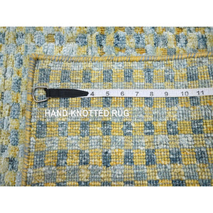 2'x4' Lemon Yellow, Sample, Modern, Mid Century Inspired Grid and Line Design, Wool & Pure Silk, Hand Knotted Oriental Rug FWR453060