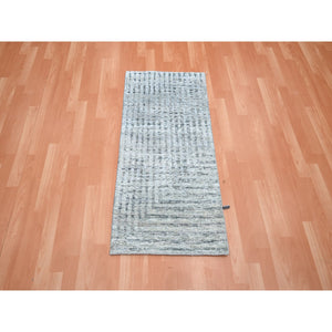 2'x4' Misty Gray, Modern, Mid Century Inspired Grid And Line Design, Wool & Pure Silk, Hand Knotted, Mat, Oriental Rug FWR453066