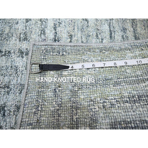 2'x4' Misty Gray, Modern, Mid Century Inspired Grid And Line Design, Wool & Pure Silk, Hand Knotted, Mat, Oriental Rug FWR453066