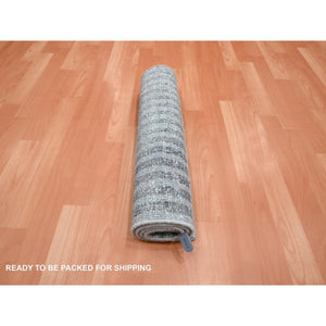 2'x4' Misty Gray, Modern, Mid Century Inspired Grid And Line Design, Wool & Pure Silk, Hand Knotted, Mat, Oriental Rug FWR453066