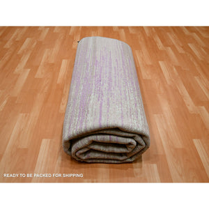 8'1"x10'3" Fuscia Pink With Ivory, Horizontal Ombre Design, Hand Knotted, Pure Wool, Oriental Rug FWR453078