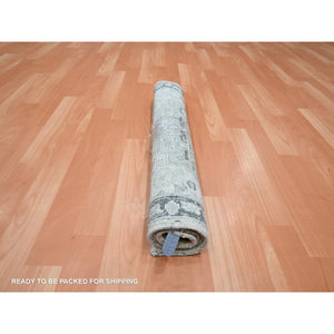 2'1"x3'2" Pastel Gray, Silk And Oxidized Wool, Oushak Design With Geometric Pattern, Hand Knotted, Mat, Oriental Rug FWR453150