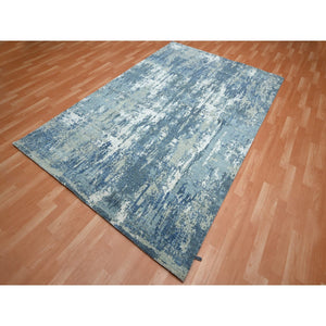 6'x9'2" Cerulean Blue, Abstract Design, Denser Weave, Hi-low Pile, Wool And Real Silk, Hand Knotted, Oriental Rug FWR453204