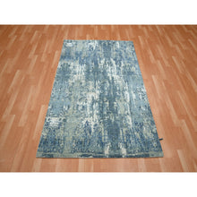 Load image into Gallery viewer, 4&#39;1&quot;x6&#39;2&quot; Sapphire Blue, Hand Knotted, Abstract Design, Denser Weave, Hi-Low Pile, Wool and Real Silk, Oriental Rug FWR453210