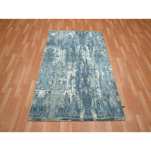 4'1"x6'2" Sapphire Blue, Hand Knotted, Abstract Design, Denser Weave, Hi-Low Pile, Wool and Real Silk, Oriental Rug FWR453210