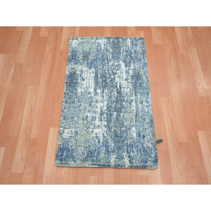 2'x3'2" Imperial Blue, Abstract Design, Wool And Real Silk, Denser Weave, Hi-low Pile, Hand Knotted, Mat, Oriental Rug FWR453234