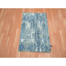 Load image into Gallery viewer, 2&#39;1&quot;x3&#39; Cerulean Blue, Abstract Design, Denser Weave, Hi-Low Pile, Wool and Real Silk, Hand Knotted, Mat, Oriental Rug FWR453240