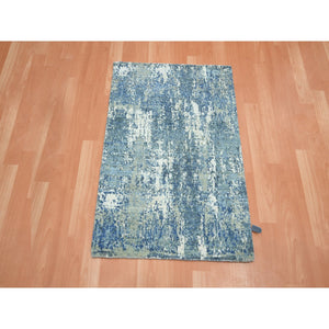 2'1"x3' Cerulean Blue, Abstract Design, Denser Weave, Hi-low Pile, Wool And Real Silk, Hand Knotted, Mat, Oriental Rug FWR453240