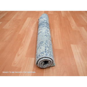 2'1"x3' Cerulean Blue, Abstract Design, Denser Weave, Hi-Low Pile, Wool and Real Silk, Hand Knotted, Mat, Oriental Rug FWR453240