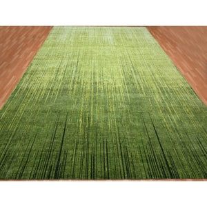 12'2"x15' Moss Green, Vertical Ombre Design, Hand Knotted, Soft And Vibrant Wool, Oversized, Oriental Rug FWR453246