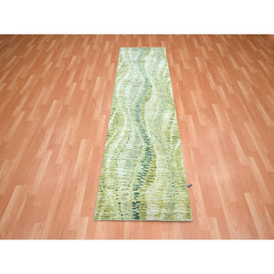 2'6"x8'2" Shades of Green, Crocodile Safari Design, Soft to the Touch, 100% Silk, Hand Knotted, Runner, Oriental Rug FWR453282