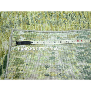 2'6"x8'2" Shades of Green, Crocodile Safari Design, Soft to the Touch, 100% Silk, Hand Knotted, Runner, Oriental Rug FWR453282