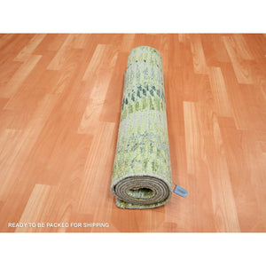2'6"x8'2" Shades of Green, Crocodile Safari Design, Soft to the Touch, 100% Silk, Hand Knotted, Runner, Oriental Rug FWR453282