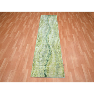 2'5"x8'3" Shades of Green, Soft to the Touch, 100% Silk, Hand Knotted, Crocodile Safari Design, Runner, Oriental Rug FWR453288