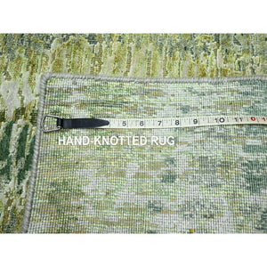 2'5"x8'3" Shades of Green, Soft to the Touch, 100% Silk, Hand Knotted, Crocodile Safari Design, Runner, Oriental Rug FWR453288