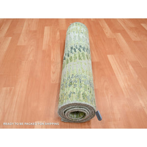 2'5"x8'3" Shades of Green, Soft to the Touch, 100% Silk, Hand Knotted, Crocodile Safari Design, Runner, Oriental Rug FWR453288