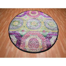 Load image into Gallery viewer, 8&#39;1&quot;x8&#39;1&quot; Pastel Yellow with Pink, Mamluk Design, Sari Silk with Textured Wool, Hand Knotted, Round, Oriental Rug FWR453312