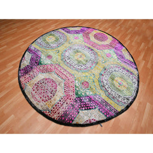 8'1"x8'1" Pastel Yellow with Pink, Mamluk Design, Sari Silk with Textured Wool, Hand Knotted, Round, Oriental Rug FWR453312