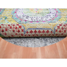 Load image into Gallery viewer, 8&#39;1&quot;x8&#39;1&quot; Pastel Yellow with Pink, Mamluk Design, Sari Silk with Textured Wool, Hand Knotted, Round, Oriental Rug FWR453312