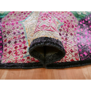 8'1"x8'1" Pastel Yellow with Pink, Mamluk Design, Sari Silk with Textured Wool, Hand Knotted, Round, Oriental Rug FWR453312