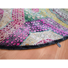 Load image into Gallery viewer, 8&#39;1&quot;x8&#39;1&quot; Pastel Yellow with Pink, Mamluk Design, Sari Silk with Textured Wool, Hand Knotted, Round, Oriental Rug FWR453312