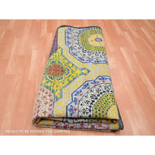 Load image into Gallery viewer, 8&#39;1&quot;x8&#39;1&quot; Pastel Yellow with Pink, Mamluk Design, Sari Silk with Textured Wool, Hand Knotted, Round, Oriental Rug FWR453312