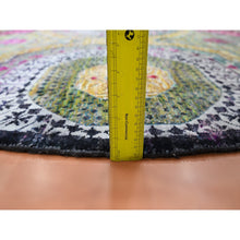 Load image into Gallery viewer, 8&#39;1&quot;x8&#39;1&quot; Pastel Yellow with Pink, Mamluk Design, Sari Silk with Textured Wool, Hand Knotted, Round, Oriental Rug FWR453312
