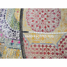 Load image into Gallery viewer, 8&#39;1&quot;x8&#39;1&quot; Pastel Yellow with Pink, Mamluk Design, Sari Silk with Textured Wool, Hand Knotted, Round, Oriental Rug FWR453312
