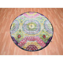Load image into Gallery viewer, 6&#39;1&quot;x6&#39;1&quot; Golden Yellow with Pink, Hand Knotted, Colorful Mamluk Design, Sari Silk with Textured Wool, Round, Oriental Rug FWR453318