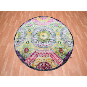 6'1"x6'1" Golden Yellow with Pink, Hand Knotted, Colorful Mamluk Design, Sari Silk with Textured Wool, Round, Oriental Rug FWR453318