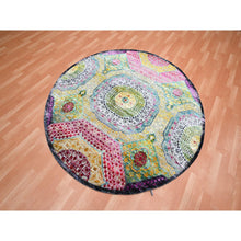 Load image into Gallery viewer, 6&#39;1&quot;x6&#39;1&quot; Golden Yellow with Pink, Hand Knotted, Colorful Mamluk Design, Sari Silk with Textured Wool, Round, Oriental Rug FWR453318