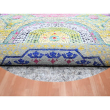 Load image into Gallery viewer, 6&#39;1&quot;x6&#39;1&quot; Golden Yellow with Pink, Hand Knotted, Colorful Mamluk Design, Sari Silk with Textured Wool, Round, Oriental Rug FWR453318
