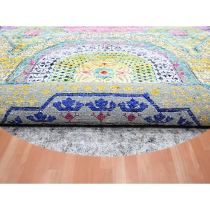 6'1"x6'1" Golden Yellow with Pink, Hand Knotted, Colorful Mamluk Design, Sari Silk with Textured Wool, Round, Oriental Rug FWR453318