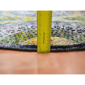 6'1"x6'1" Golden Yellow with Pink, Hand Knotted, Colorful Mamluk Design, Sari Silk with Textured Wool, Round, Oriental Rug FWR453318